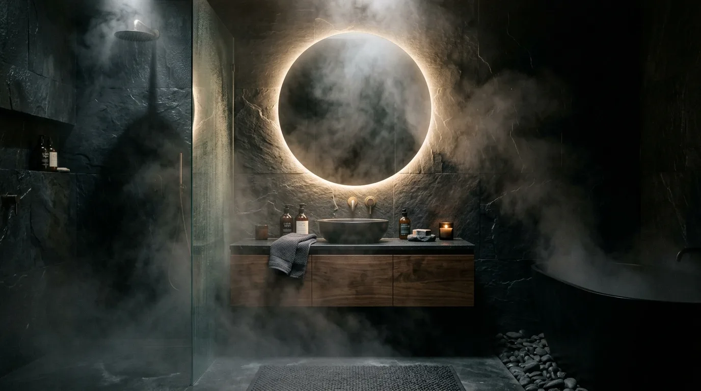 Use texture instead of too many colors inspiration for a moody bathroom.